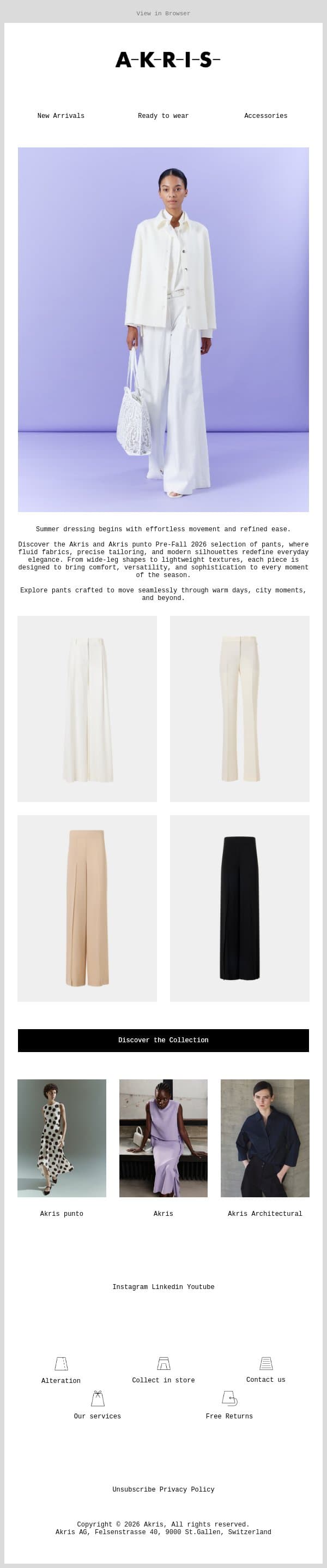 The Summer Pants Edit email from Akris screenshot