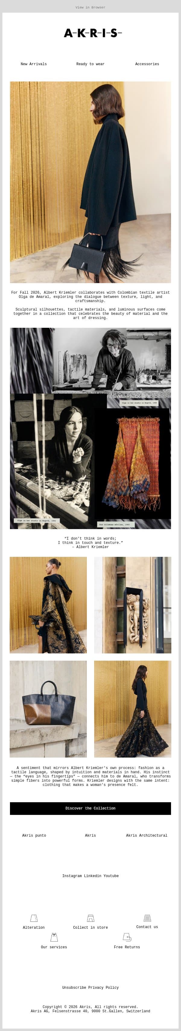 New in: Akris Fall 2026 Collection email from Akris screenshot