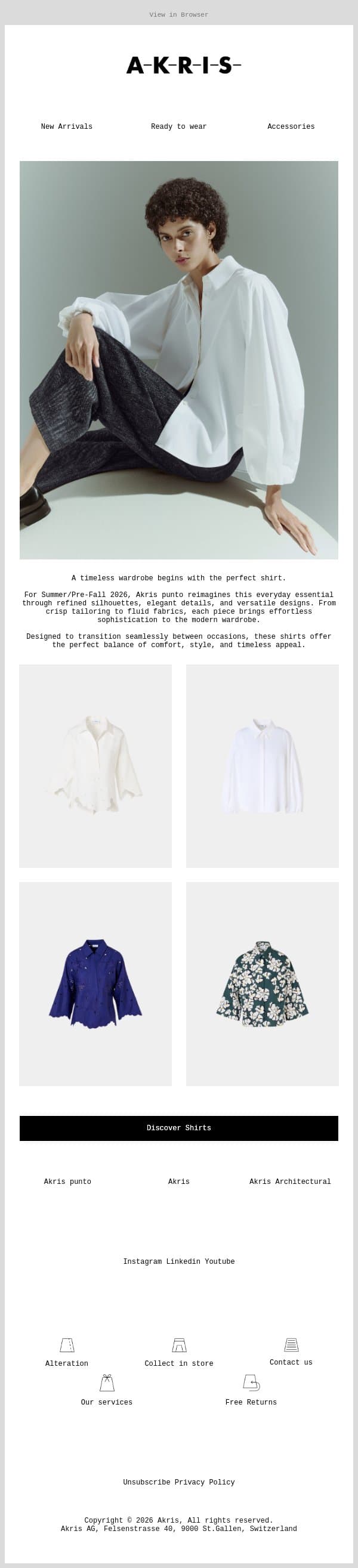 The Essential Shirt, Reimagined email from Akris screenshot