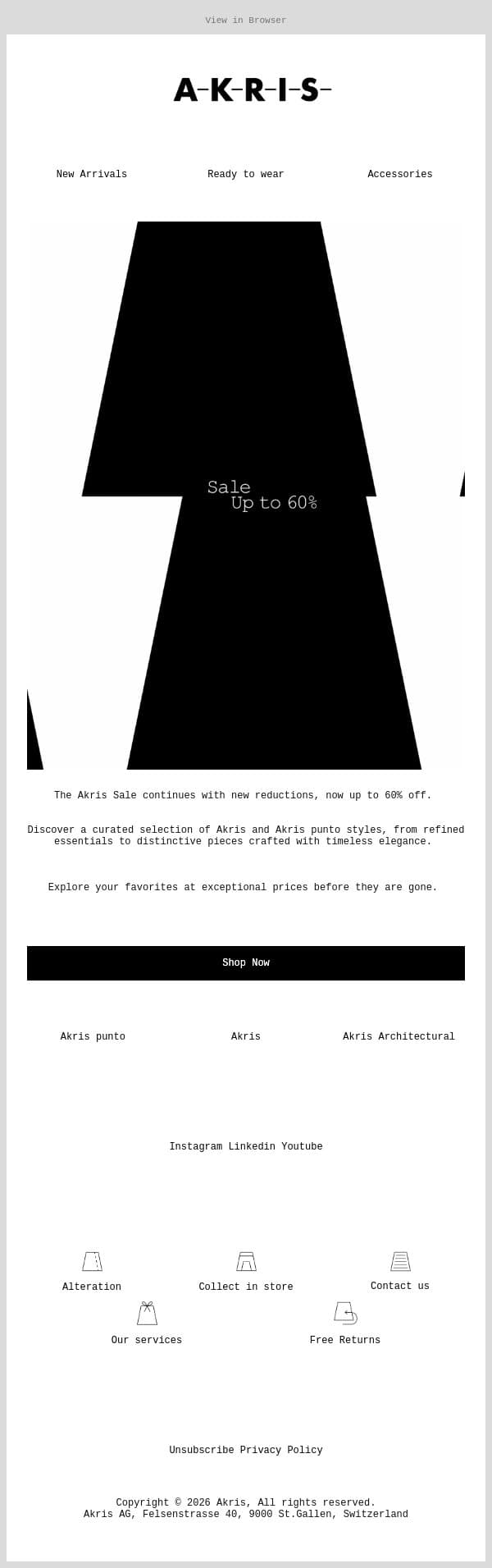The Akris Sale: Now Up to 60% Off email from Akris screenshot