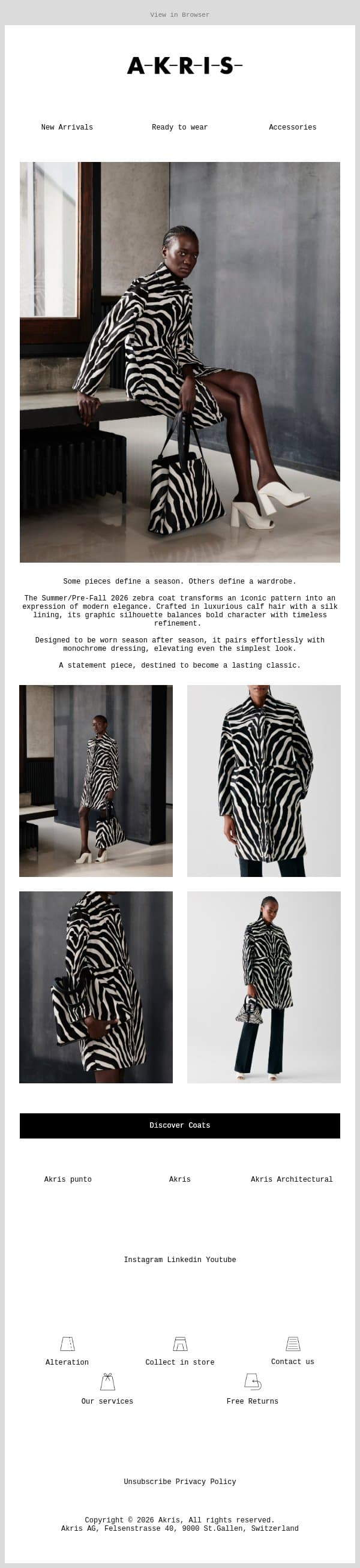 The Investment Piece: Zebra email from Akris screenshot