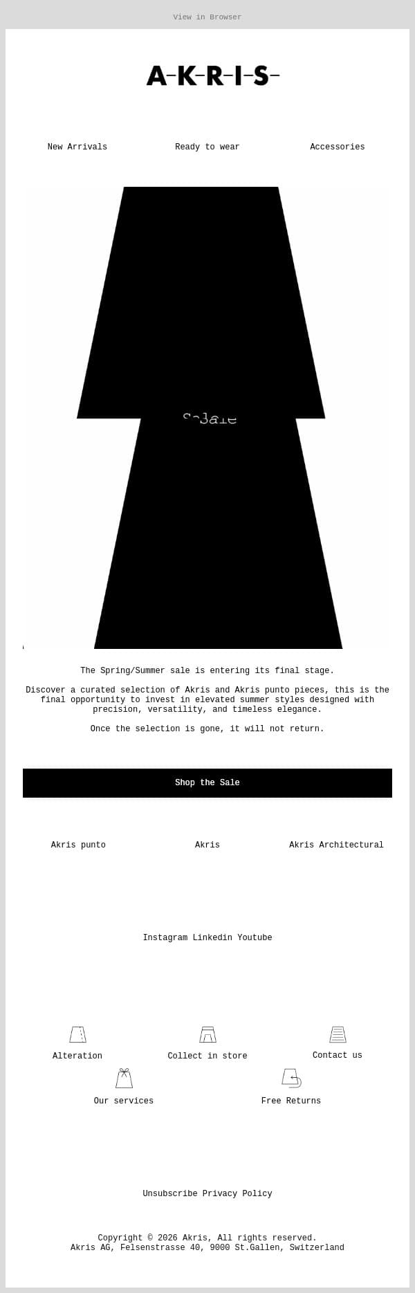 Last Chance: Spring/Summer Sale email from Akris screenshot