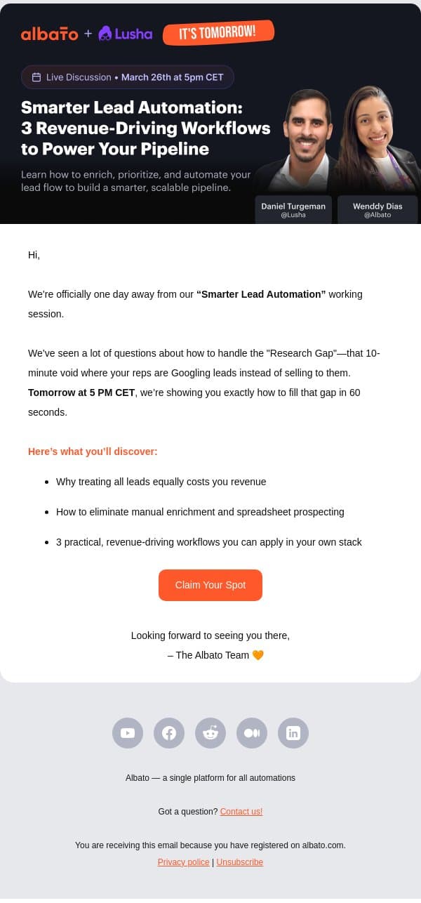 We're building your lead pipeline tomorrow email from Albato screenshot