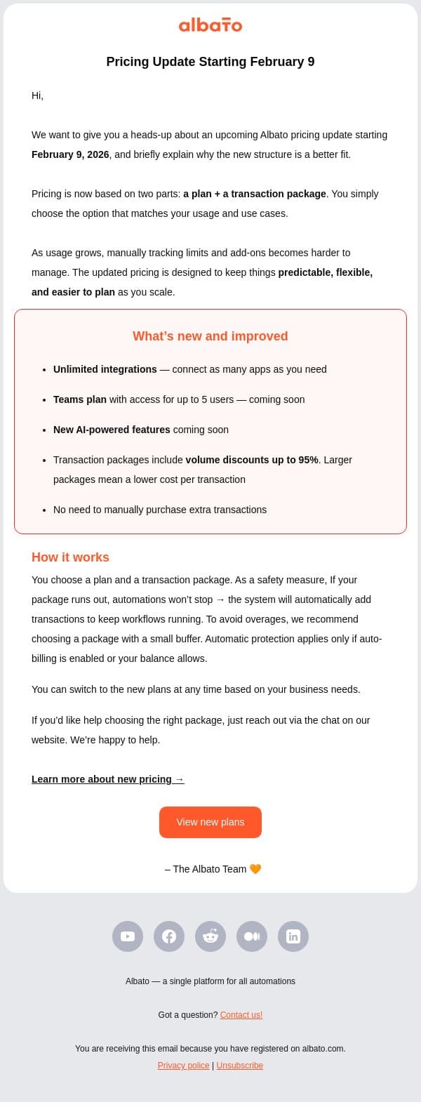 Upcoming Albato pricing update email from Albato screenshot