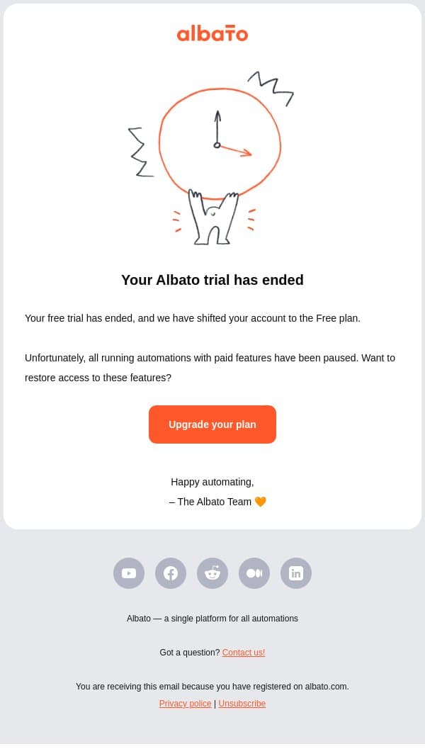 ❗ Your trial period has ended! email from Albato screenshot