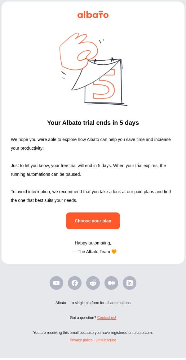 ⚠️ Attention: your free trial ends in 5 days! email from Albato screenshot