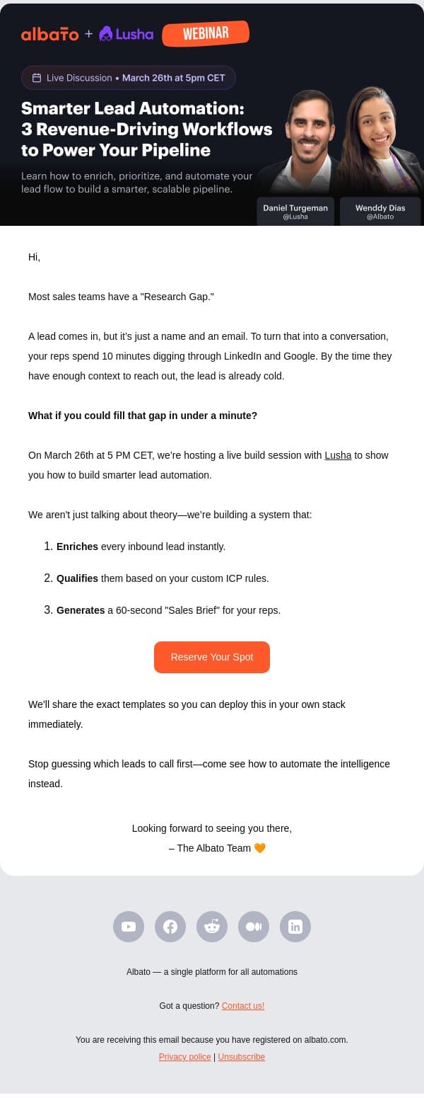 Prep: Get your lead-to-pipeline engine ready for Mar 26 email from Albato screenshot