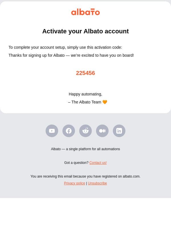 Activate your Albato account email from Albato screenshot