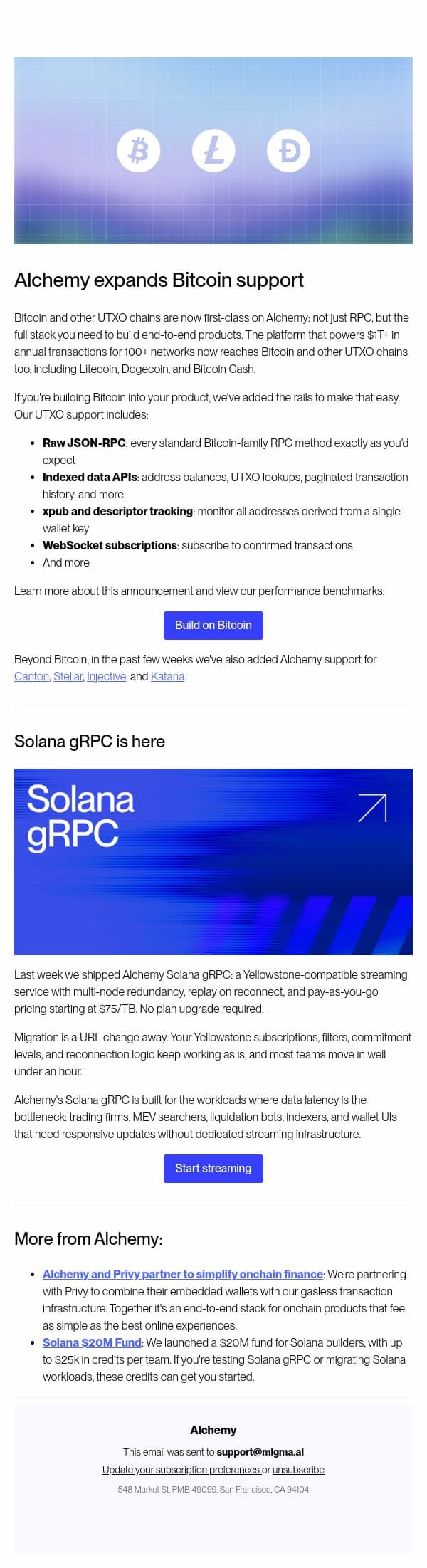 Alchemy expands Bitcoin support email from Alchemy screenshot
