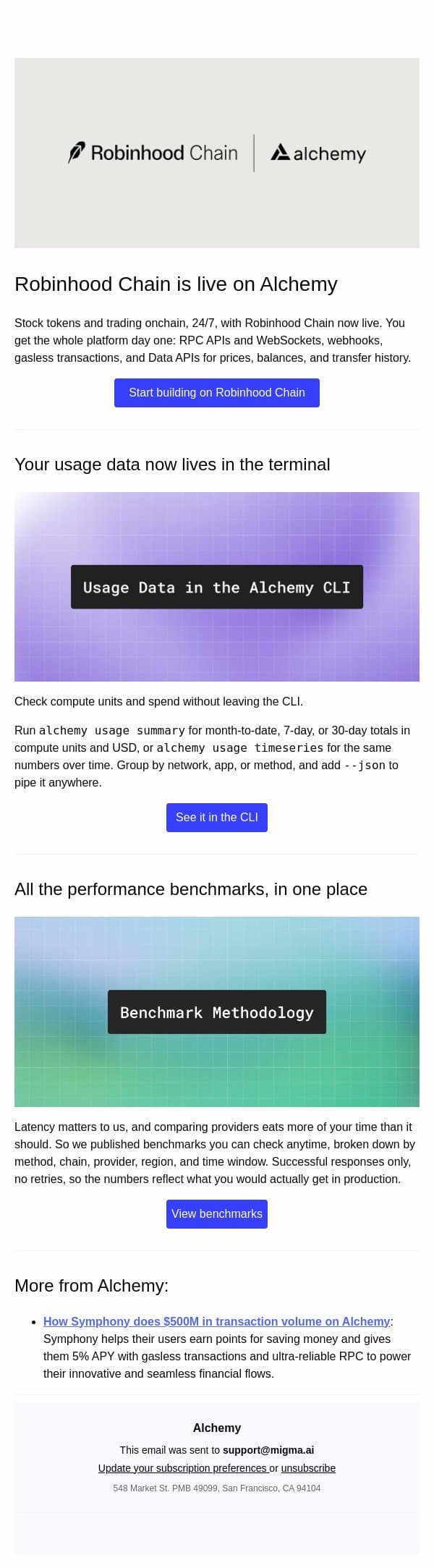 Robinhood Chain is live on Alchemy email from Alchemy screenshot