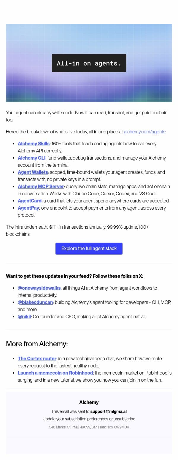 All-in on agents email from Alchemy screenshot
