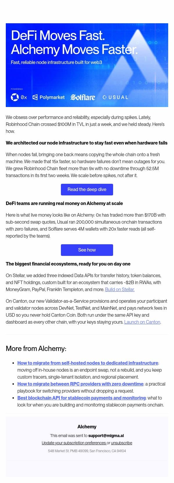 DeFi moves fast. Alchemy moves faster. email from Alchemy screenshot