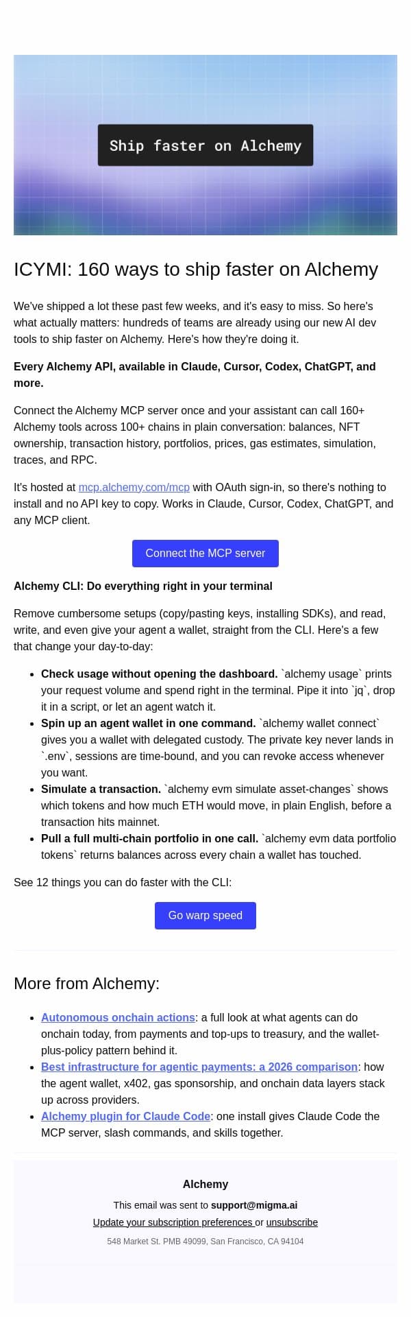 Every Alchemy API, available in Claude, Cursor, Codex, ChatGPT, and more email from Alchemy screenshot
