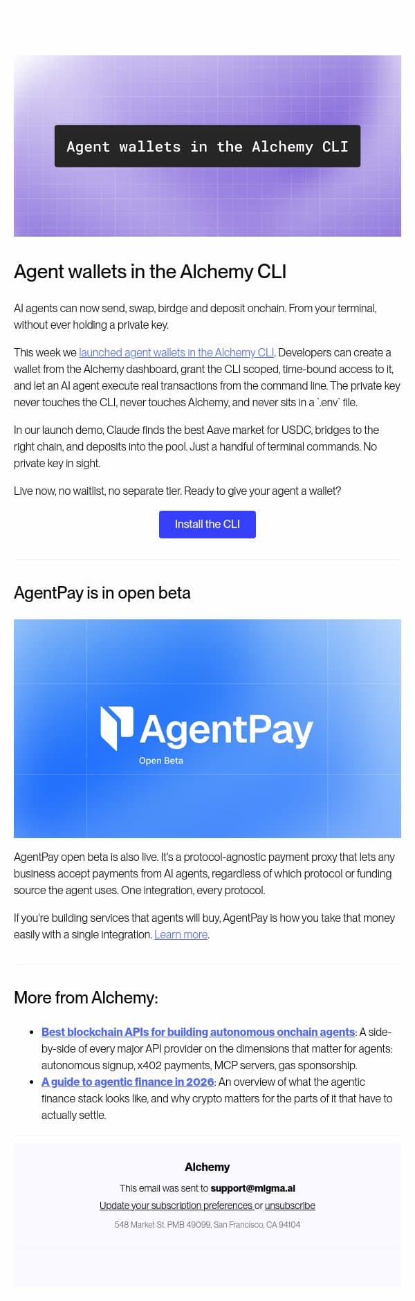 Watch Claude open an Aave position from the terminal email from Alchemy screenshot