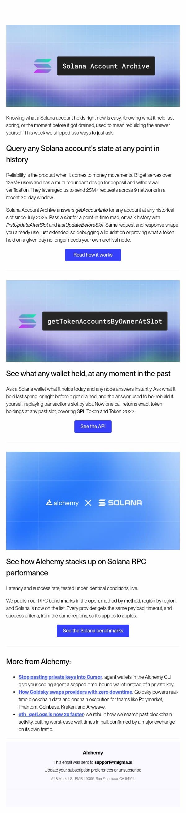 Solana finally remembers its past email from Alchemy screenshot