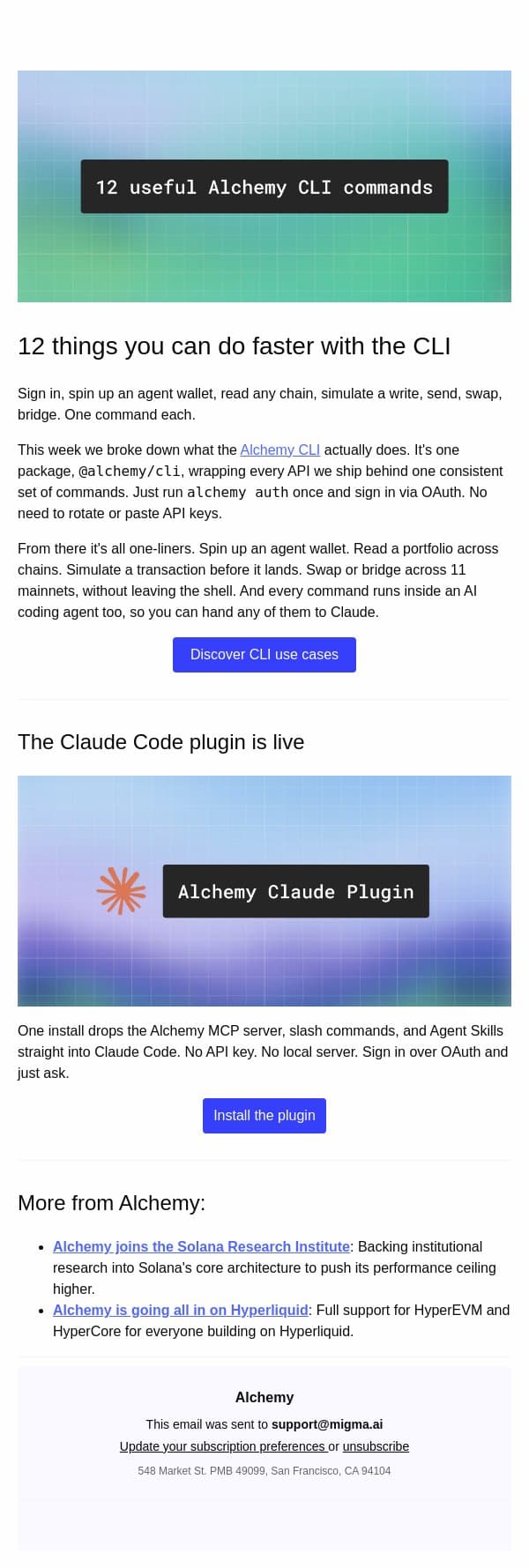 12 things you can do faster with the Alchemy CLI email from Alchemy screenshot