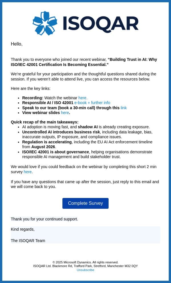 Thanks for joining: Building Trust in AI (ISO/IEC 42001) + recording & next steps email from Alcumus screenshot