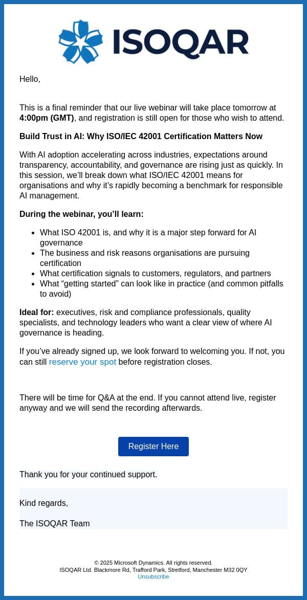 Final Reminder: Build Trust in AI, Join Our Live Webinar email from Alcumus screenshot