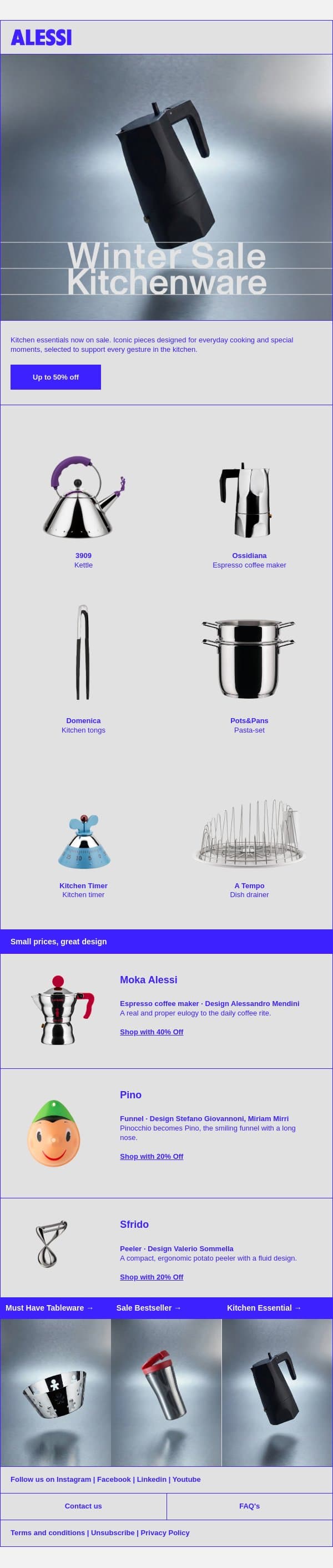 Selected Alessi kitchenware up to 50% off email from Alessi screenshot