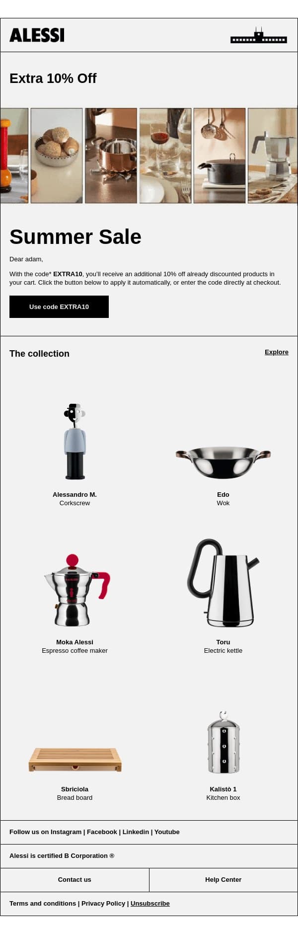 Summer Sale: an extra perk just for you email from Alessi screenshot
