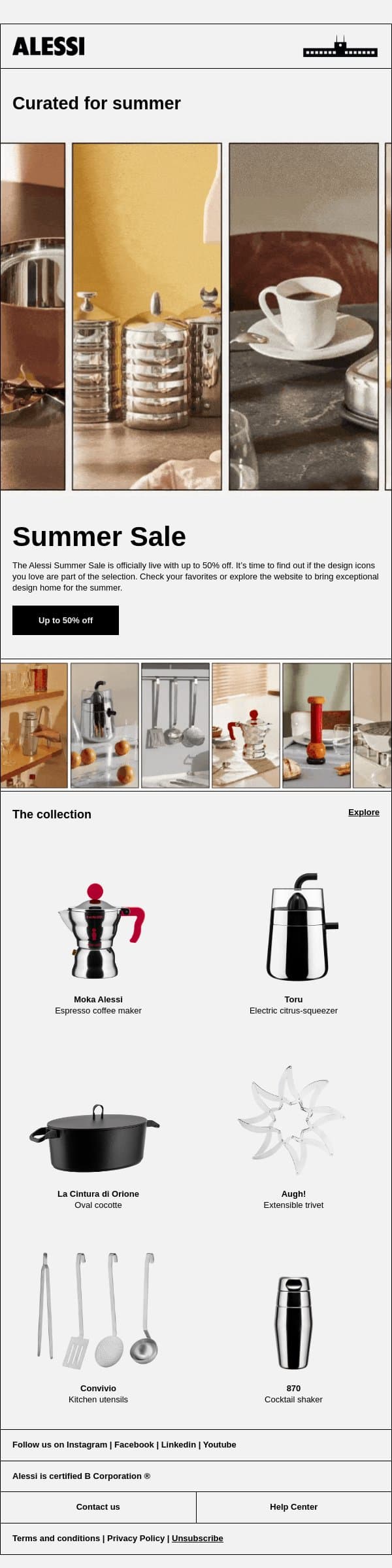 Summer sale starts now | Up to 50% off email from Alessi screenshot