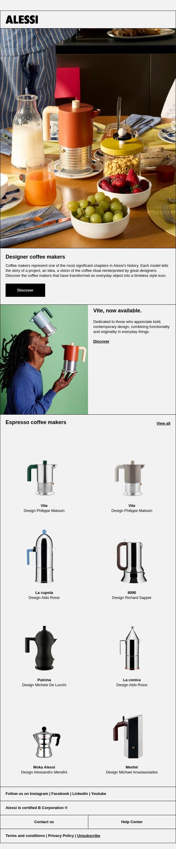 Explore our iconic coffee makers email from Alessi screenshot