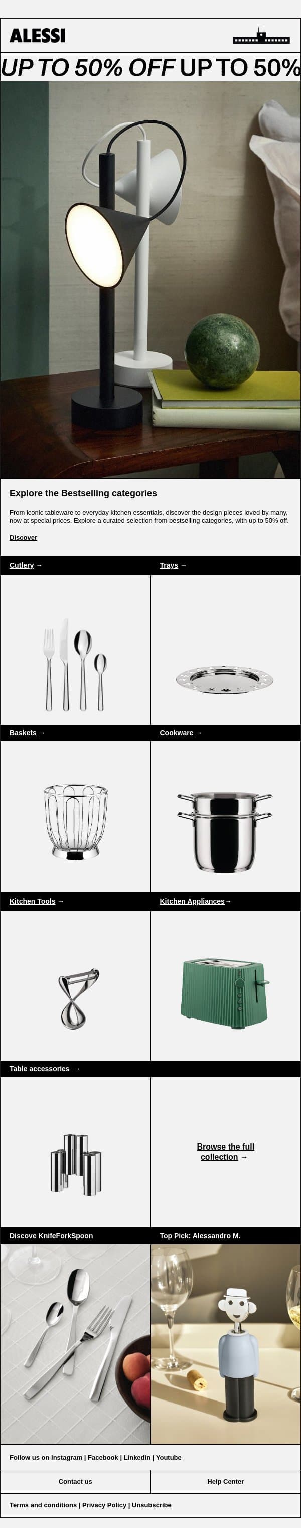 Explore the bestselling categories | Up to 50% off email from Alessi screenshot