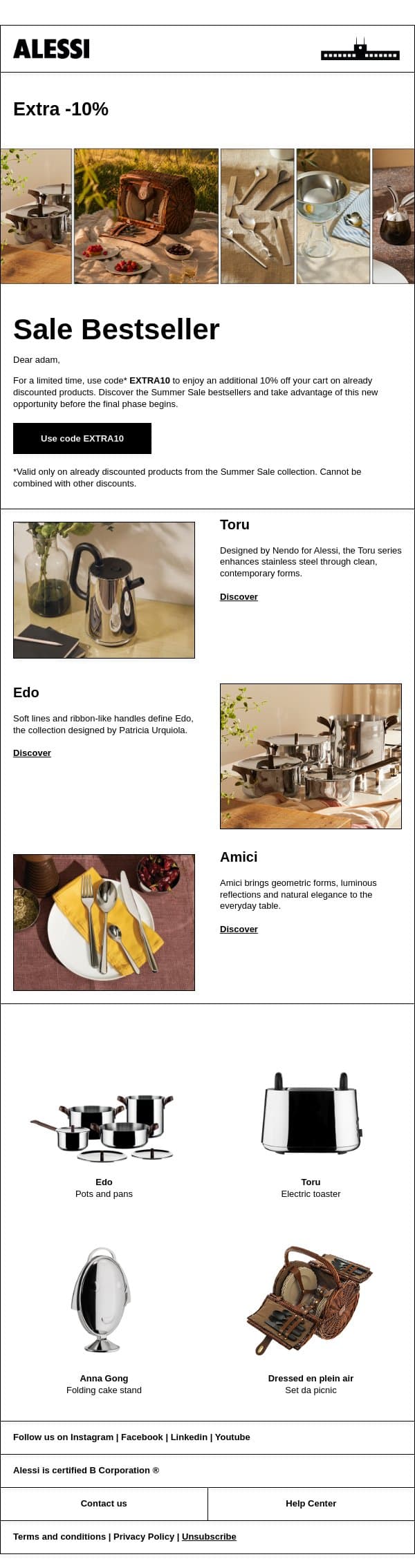 Summer Sale favourites, with an extra advantage email from Alessi screenshot