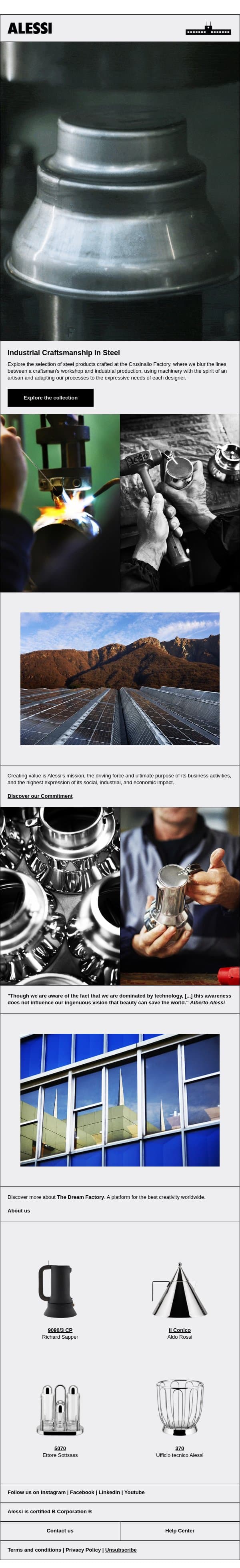 Industrial Craftsmanship in Steel email from Alessi screenshot