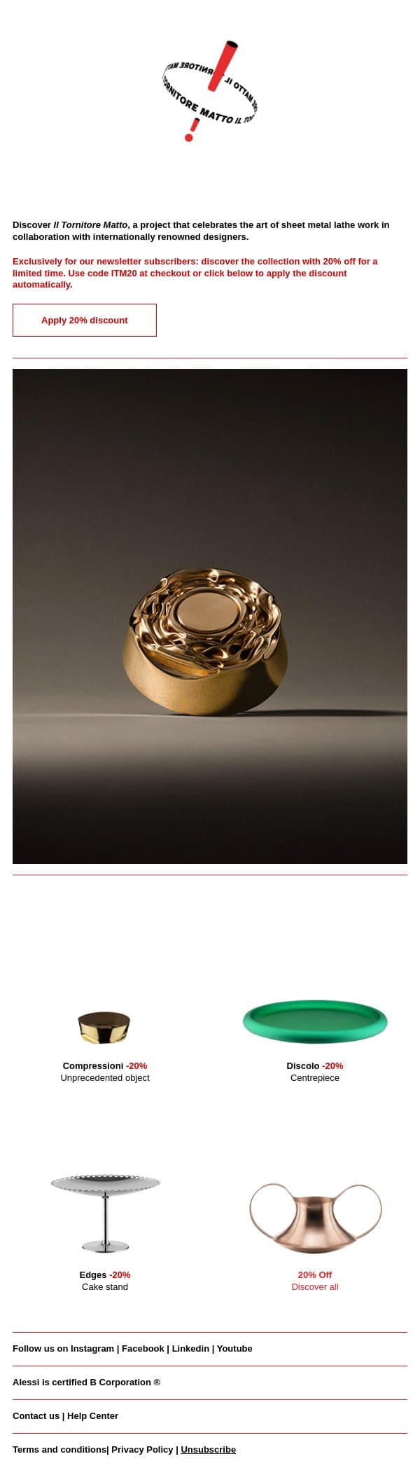 Il Tornitore Matto | 20% off the collection email from Alessi screenshot