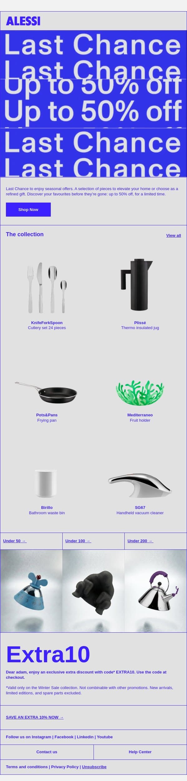 Last Call for Timeless Icons | EXTRA10 email from Alessi screenshot