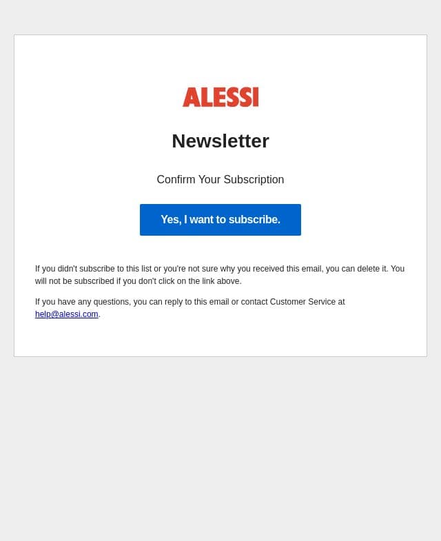 Confirm Your Subscription email from Alessi screenshot