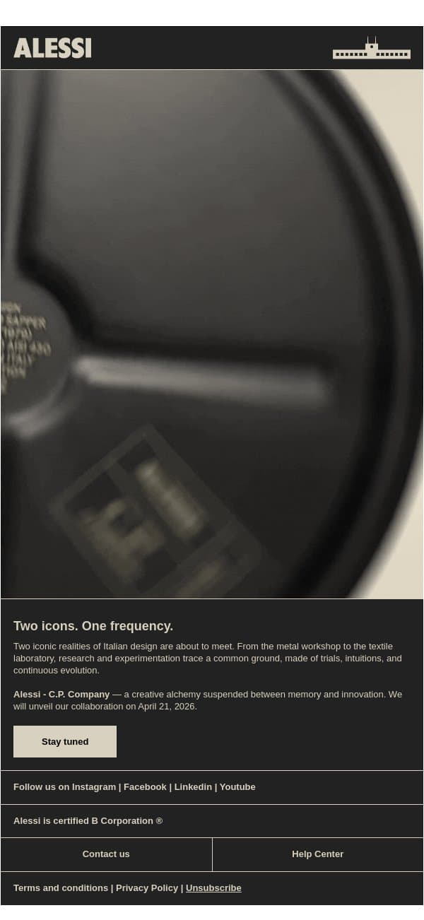 Alessi - C.P. Company. Two worlds, one approach to design. email from Alessi screenshot