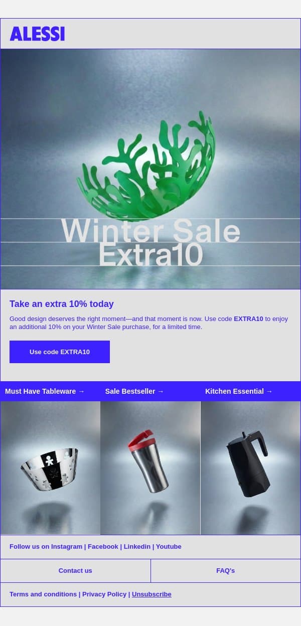Use code EXTRA10 to enjoy an additional 10% on your selection. email from Alessi screenshot