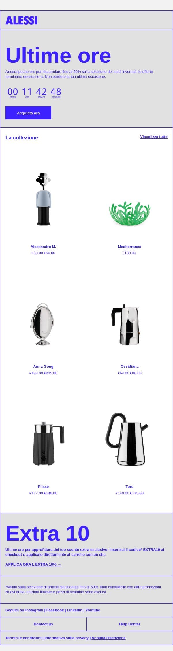 Ancora poche ore per risparmiare fino al 50% email from Alessi screenshot