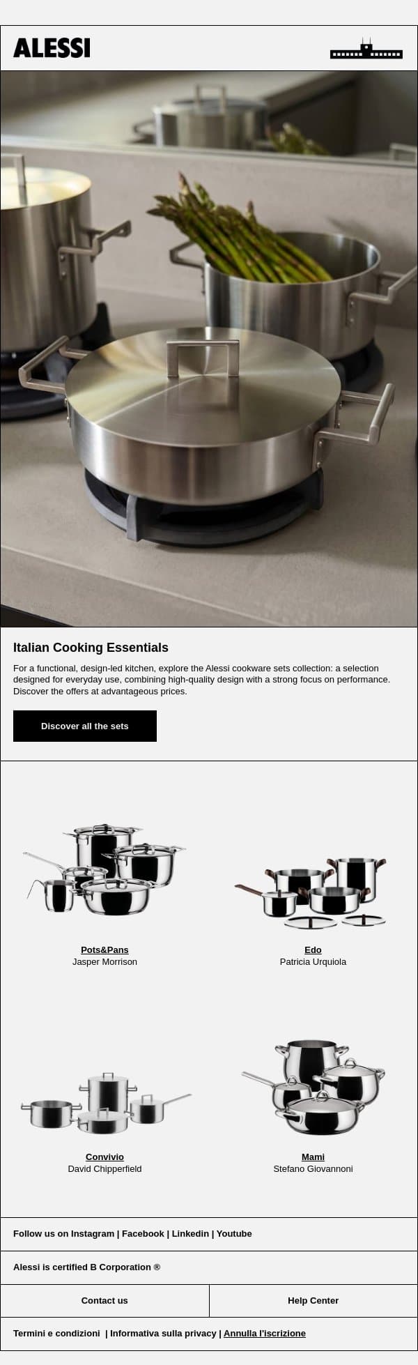 Italian Cooking Essentials - Discover all the cookware sets email from Alessi screenshot
