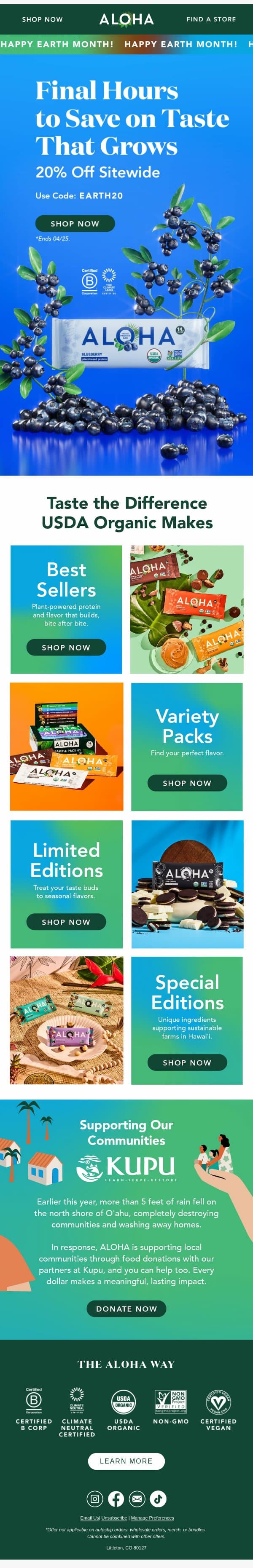 Final hours for 20% off sitewide email from Aloha screenshot