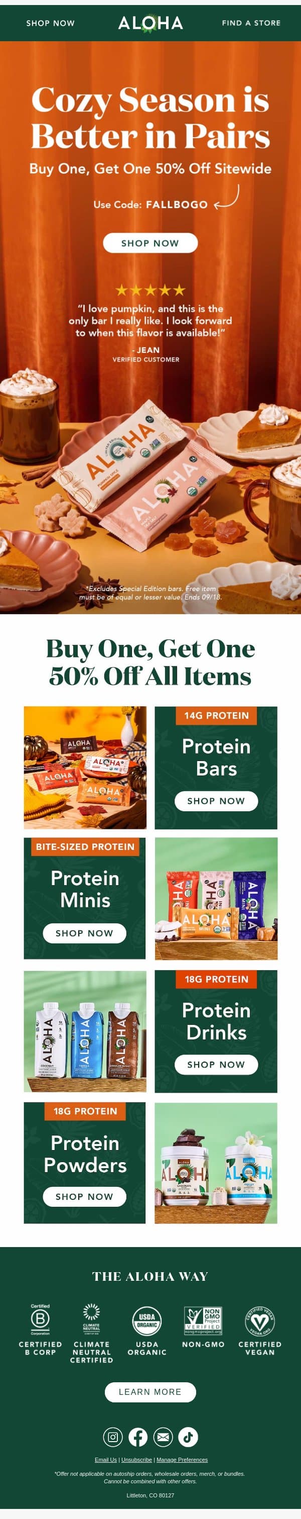 Fall is for feel-good protein email from Aloha screenshot