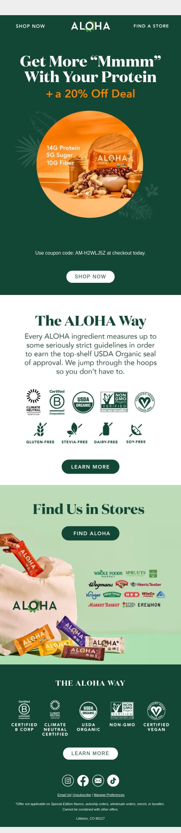 Save 20% Today! email from Aloha screenshot
