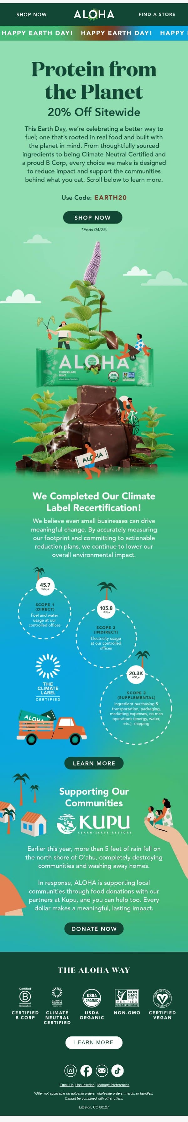 At ALOHA, Earth Day means everything. email from Aloha screenshot