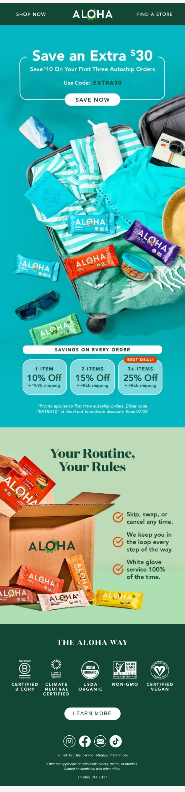 Delicious, Certified Organic protein done your way email from Aloha screenshot