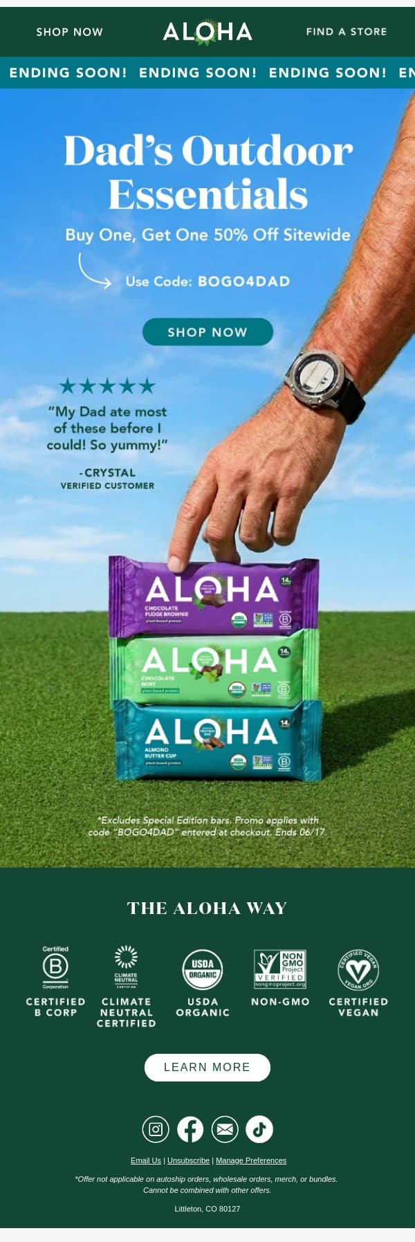 Buy one, get one 50% off sitewide ends today! email from Aloha screenshot