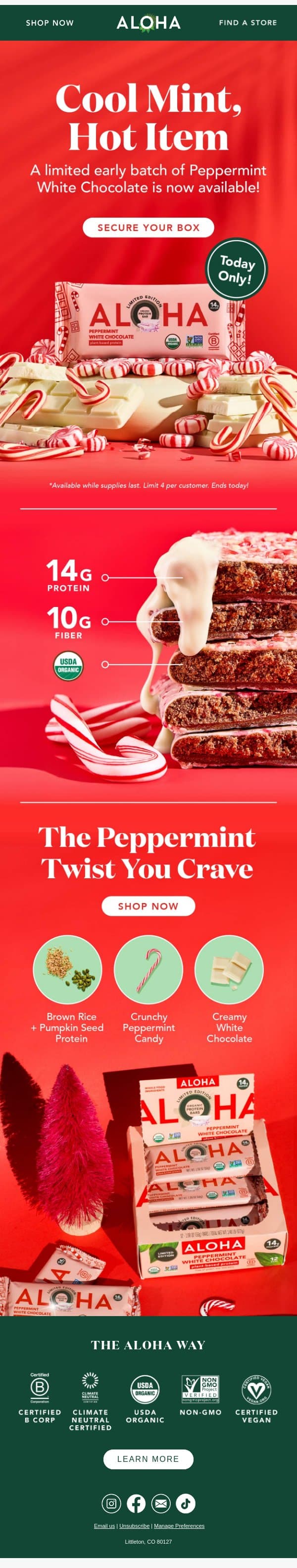 Limited Peppermint White Chocolate Available Now email from Aloha screenshot
