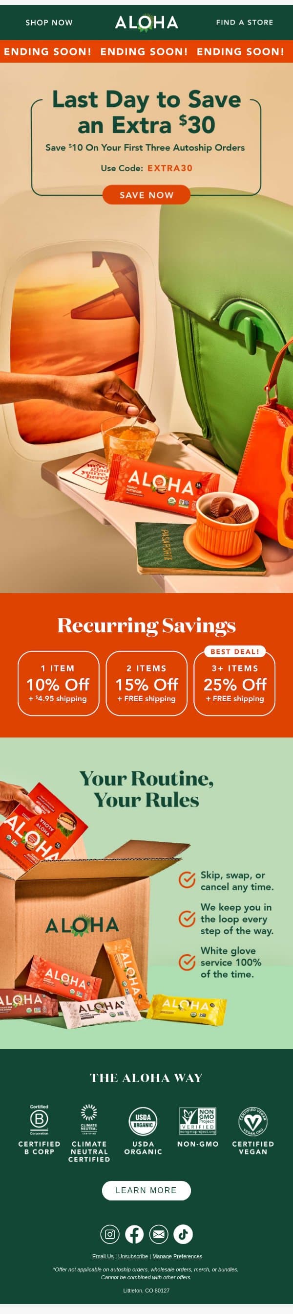 Last day to save an extra $30 email from Aloha screenshot