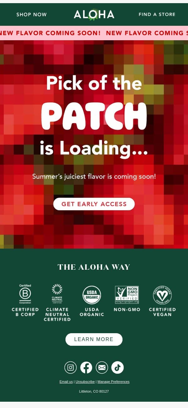 Think: sunny days, farmer's markets, beach picnics email from Aloha screenshot