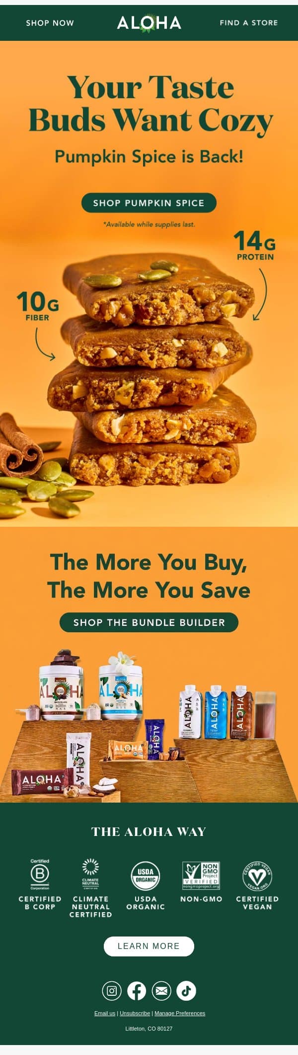 Protein with a hint of fall 🍂 email from Aloha screenshot