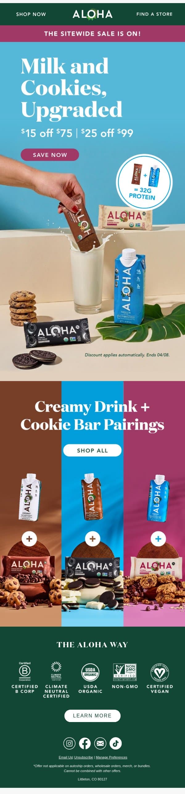 Protein stacking, milk & cookies style email from Aloha screenshot