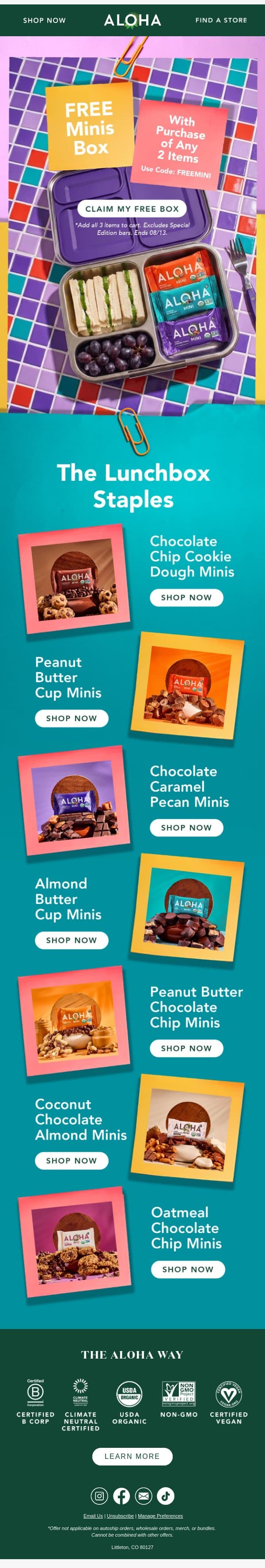 Buy any 2 items, get a free box of minis email from Aloha screenshot