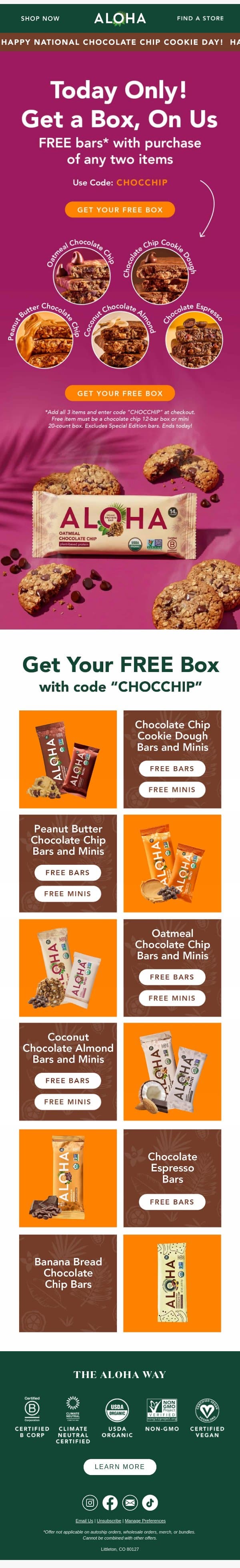 Flash sale: a free box, today only email from Aloha screenshot