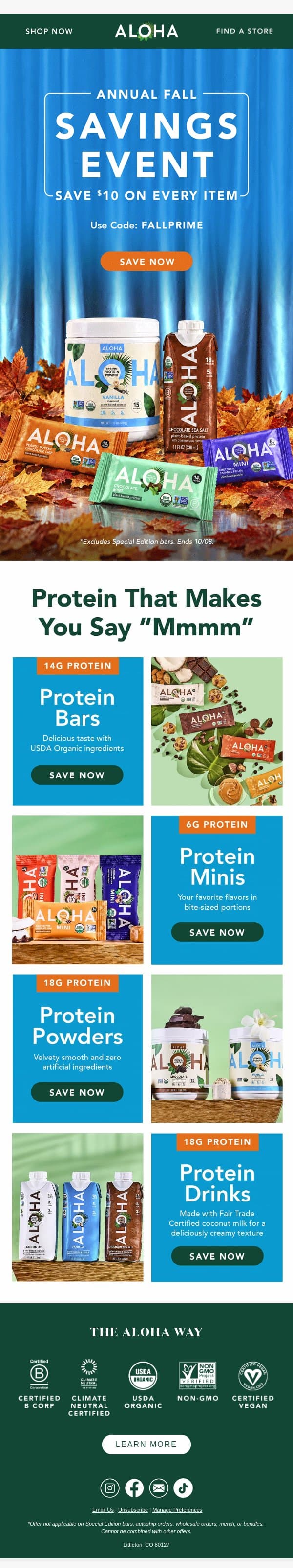 $10 off everything starts now email from Aloha screenshot